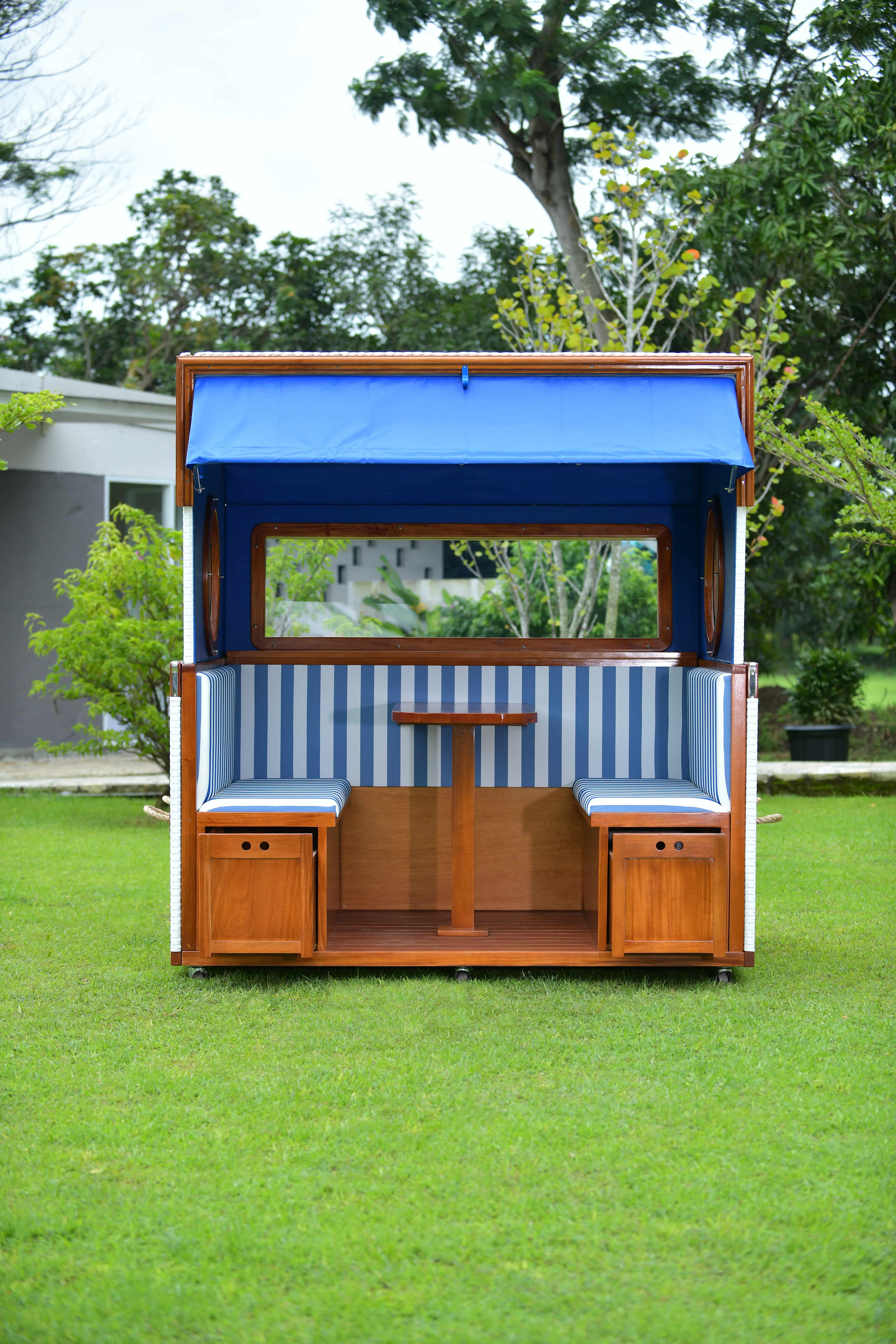 Strandkorb Gosch-Lounge aus Mahagoni – 6er (blau/weiß)