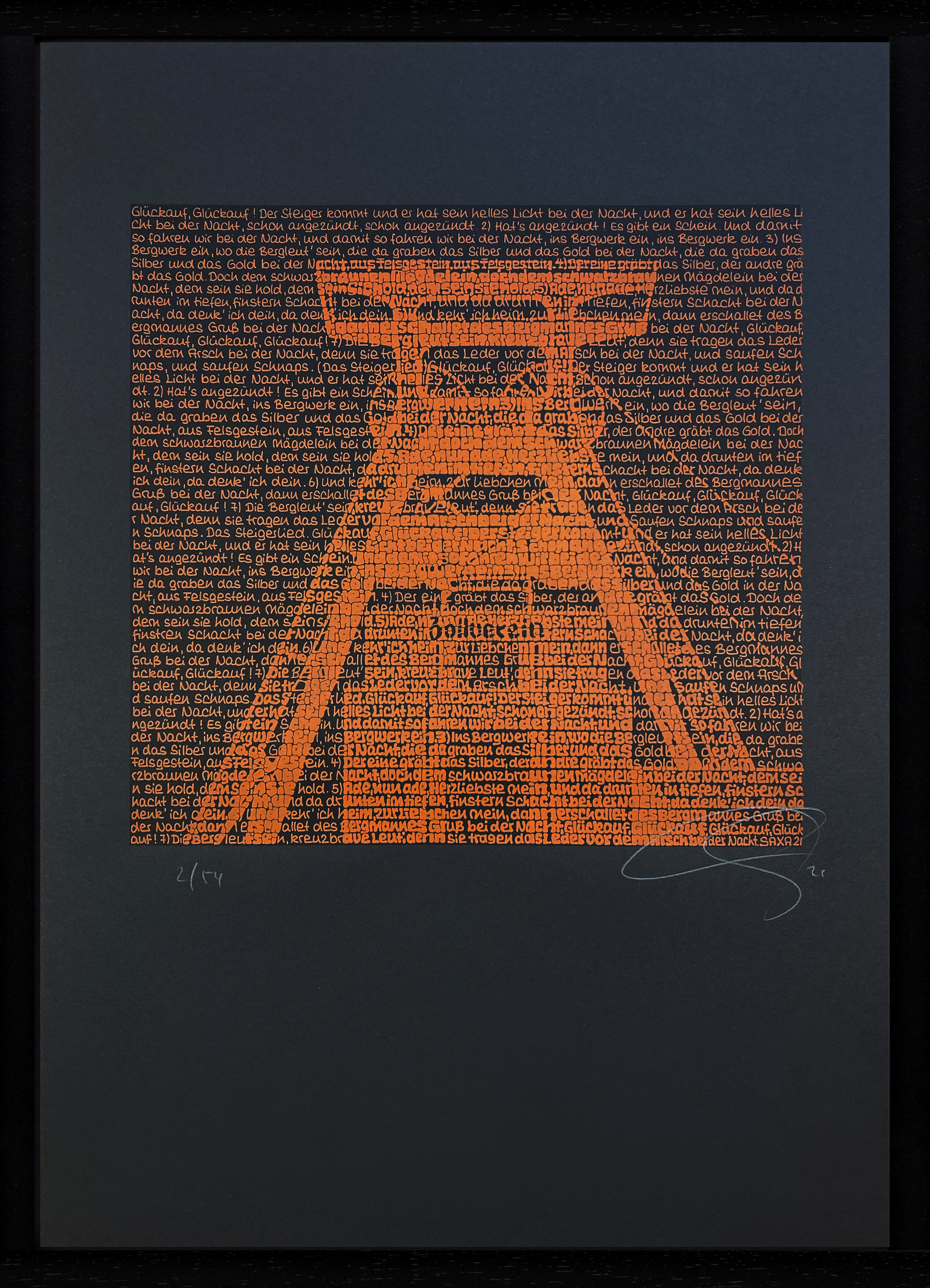 Zeche Zollverein bei Nacht - Orange auf schwarzem Karton SAXA Edition Wortmalerei